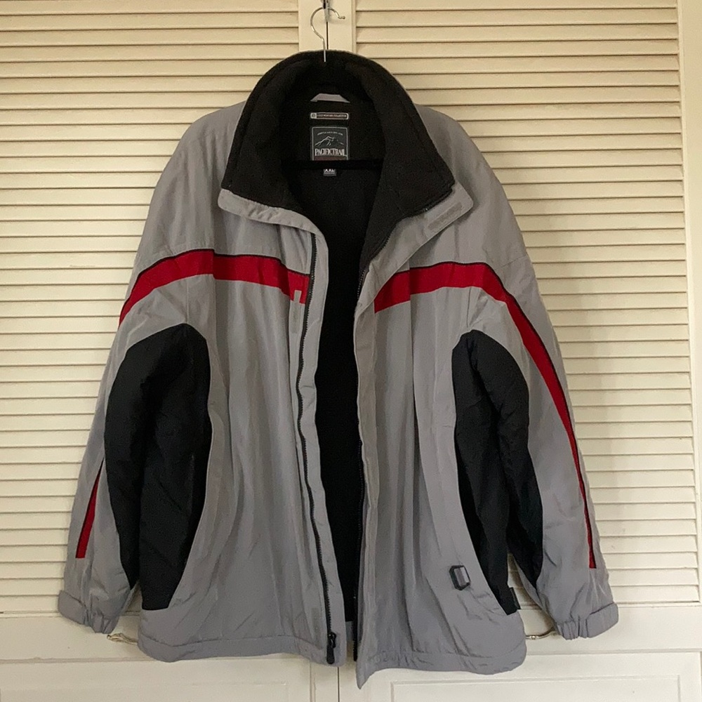 Gray winter coat with hidden hood and pockets